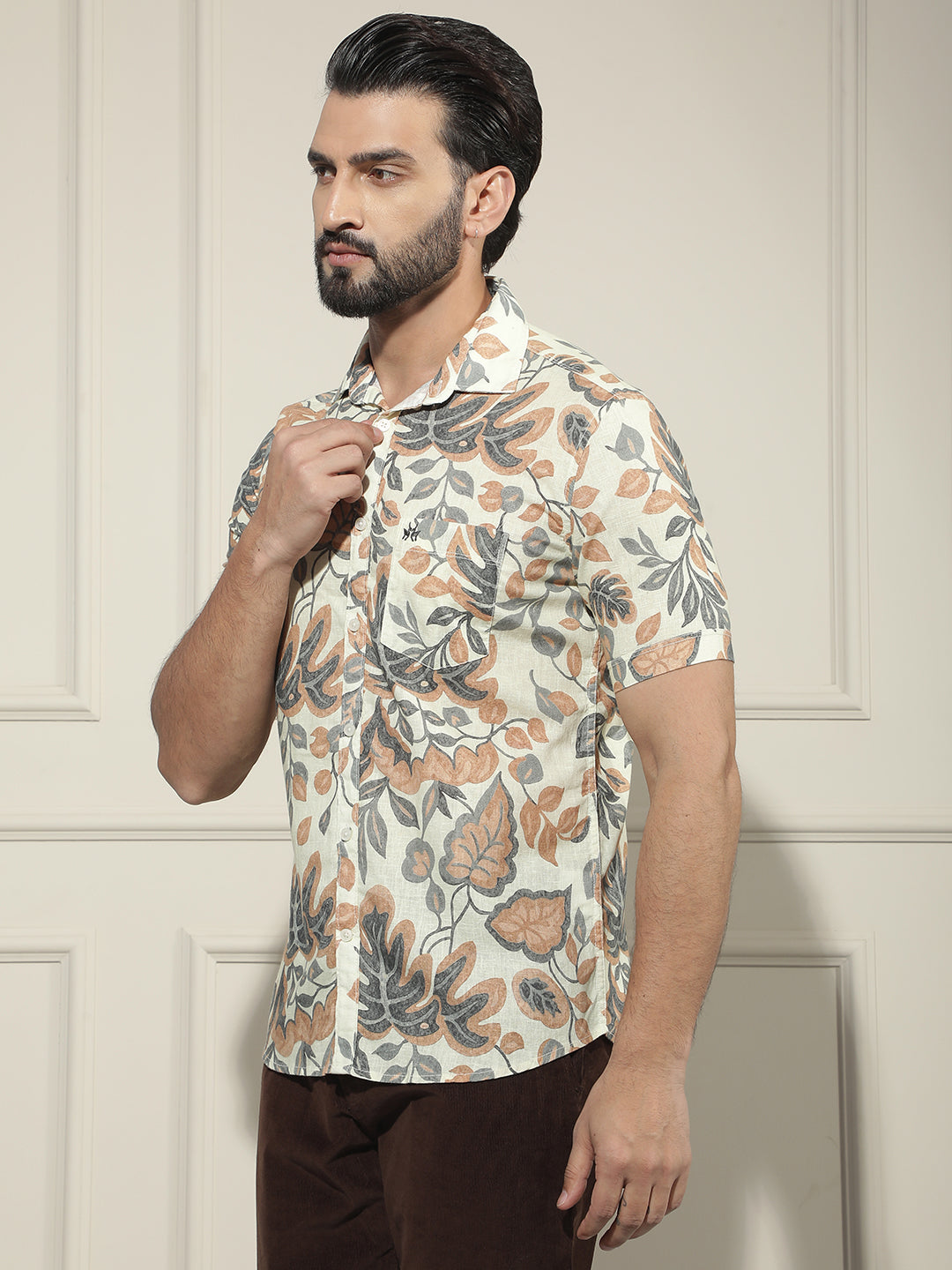 Orange Floral Print Linen Shirt