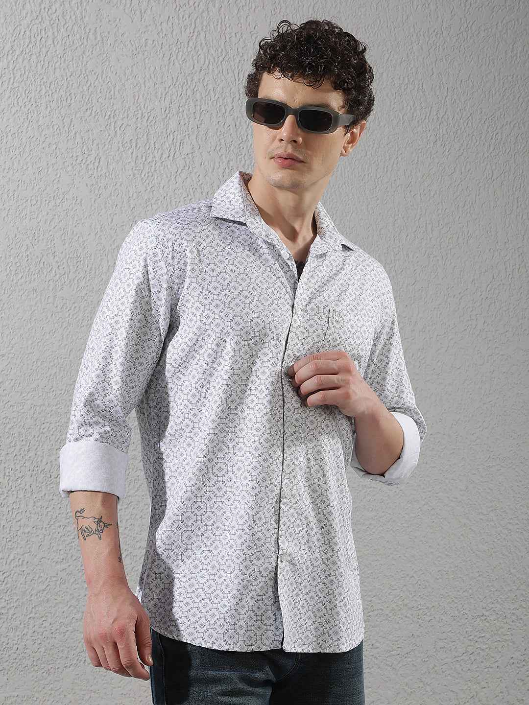 White Geometric Print Shirt