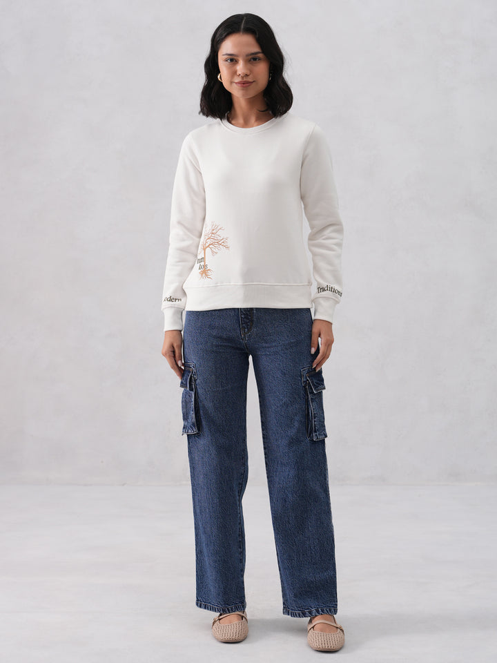 White Typographic Printed Sweatshirt