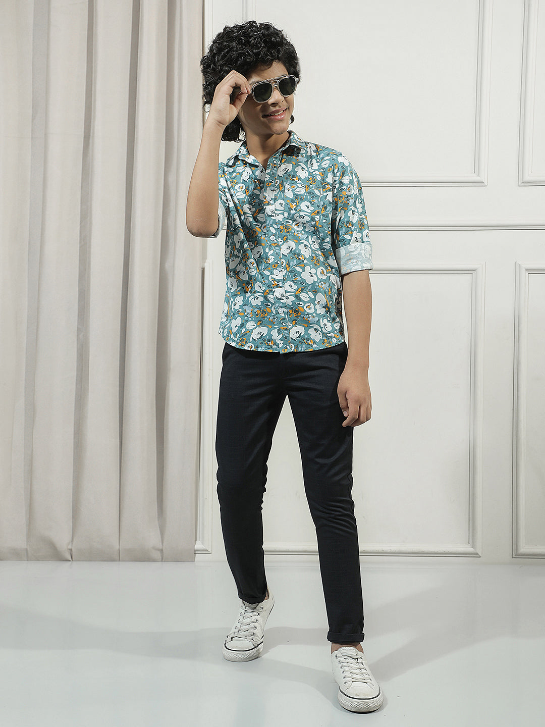 Teal Green Floral Print Shirt