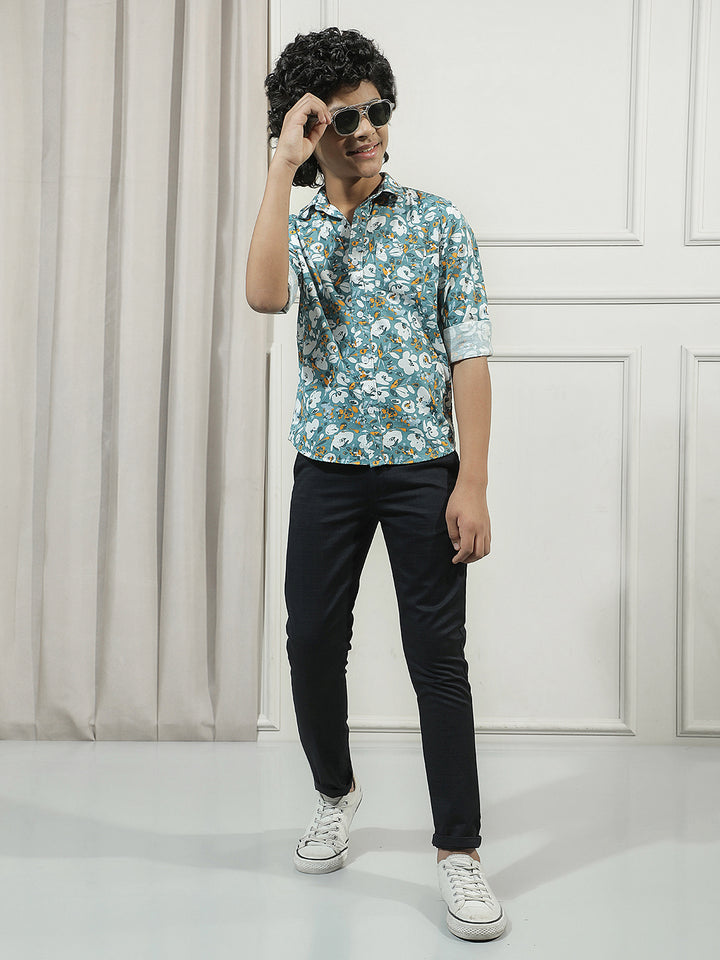 Teal Green Floral Print Shirt