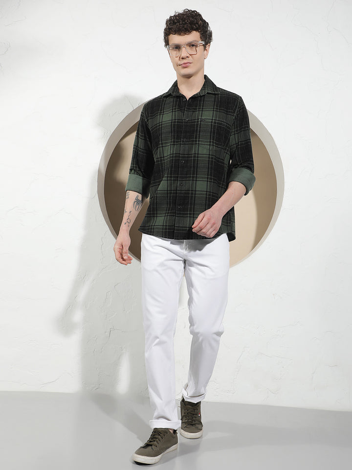 Green 100% Cotton Corduroy Checked Shirt