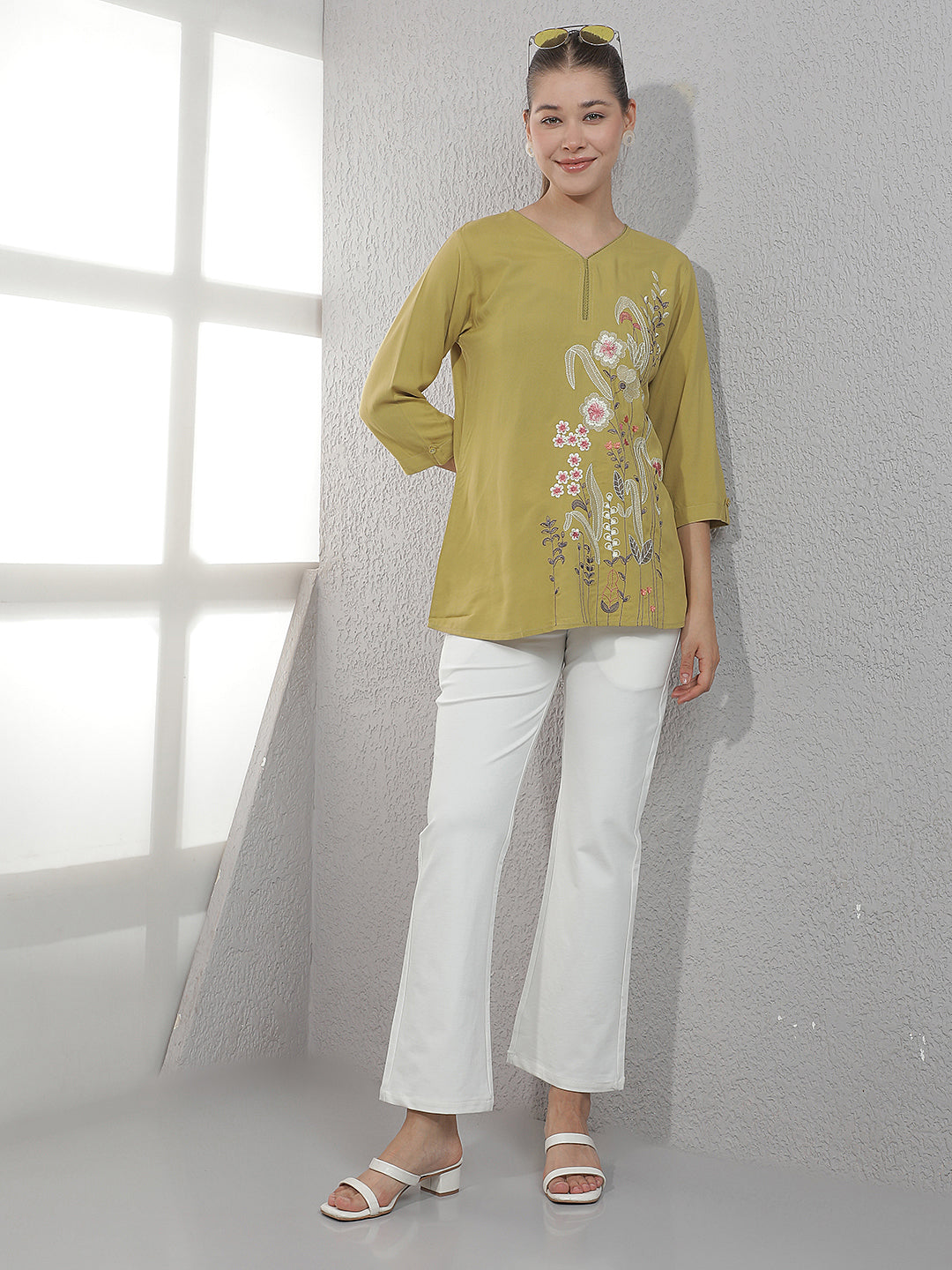 Green Embroidered V-Neck Top