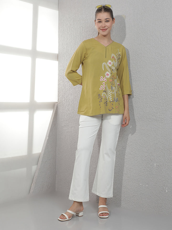 Green Embroidered V-Neck Top