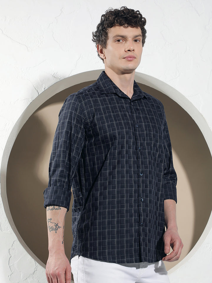 Navy Blue Checked 100% Cotton Shirt