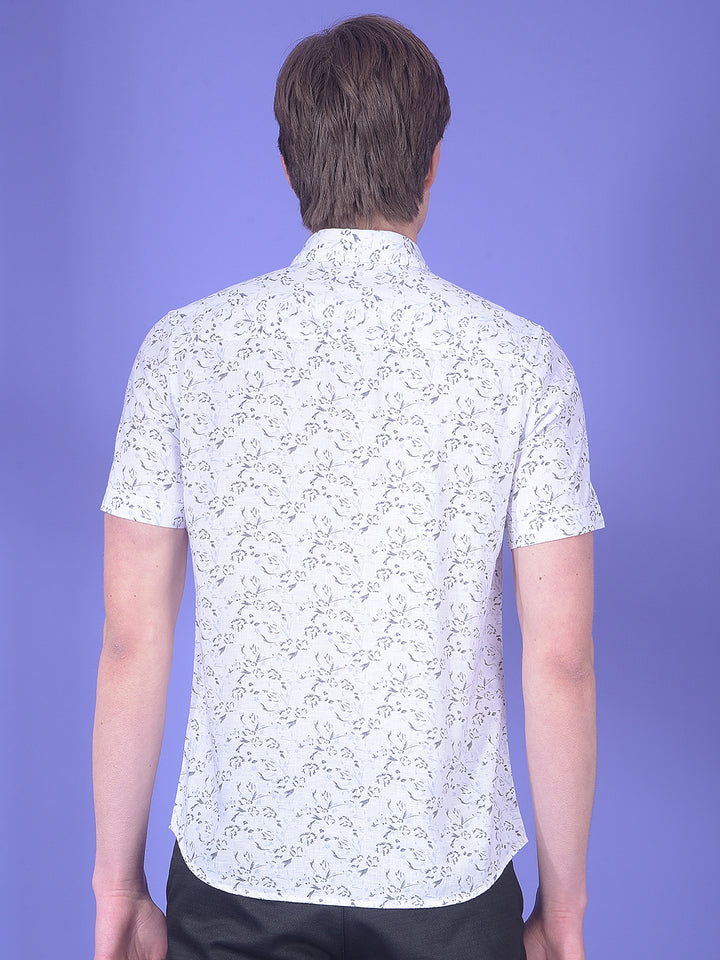 White Floral Print Linen Shirt