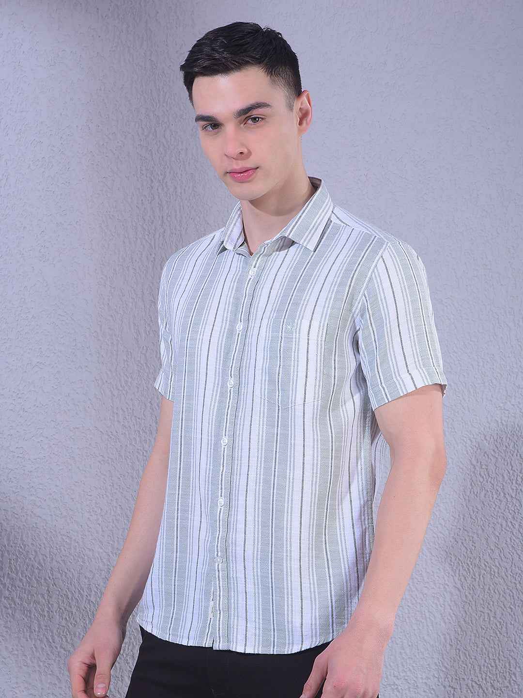 Green 100% Cotton Vertical Stripes Shirt