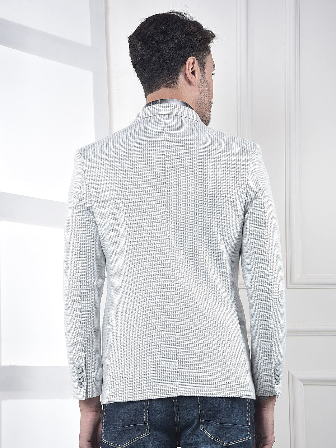 Grey Textured Single-Breasted Blazer