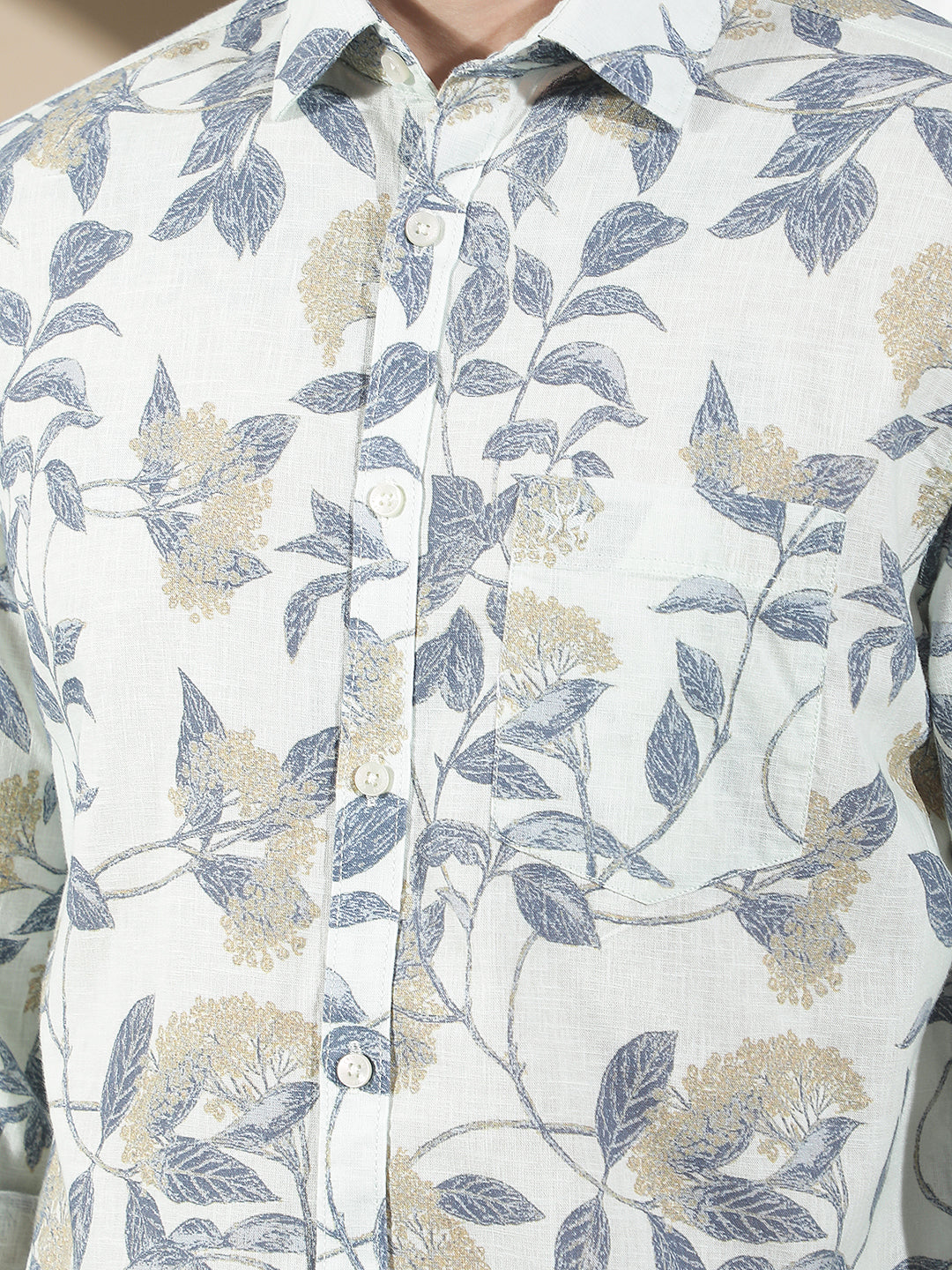 Blue Botanical Print Linen Shirt
