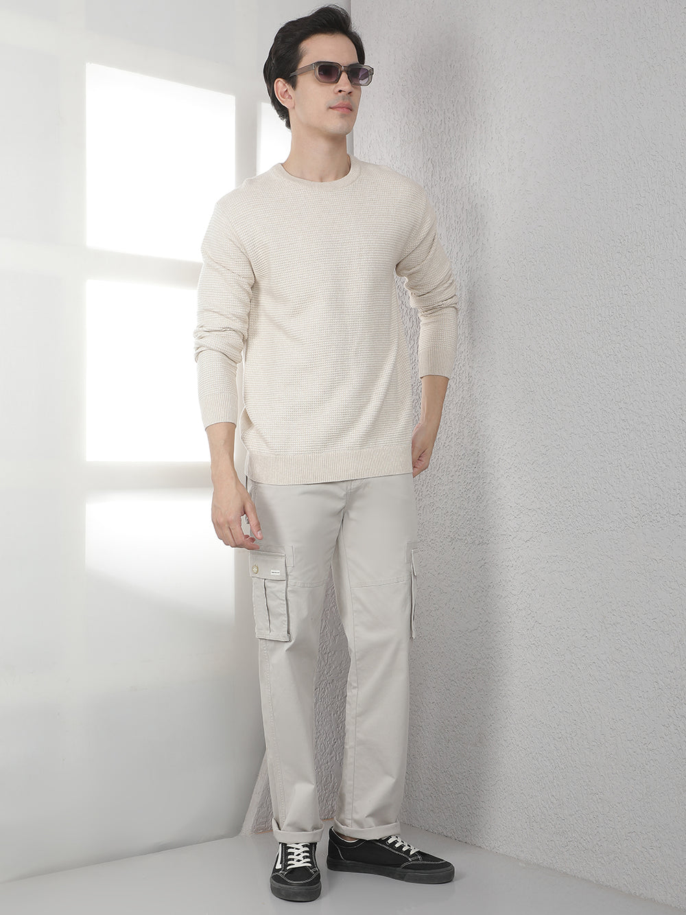 Beige 100% Cotton Textured Round Neck Sweater
