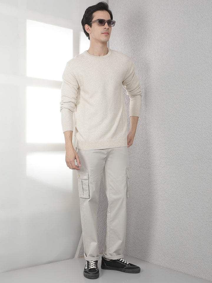 Beige 100% Cotton Textured Round Neck Sweater