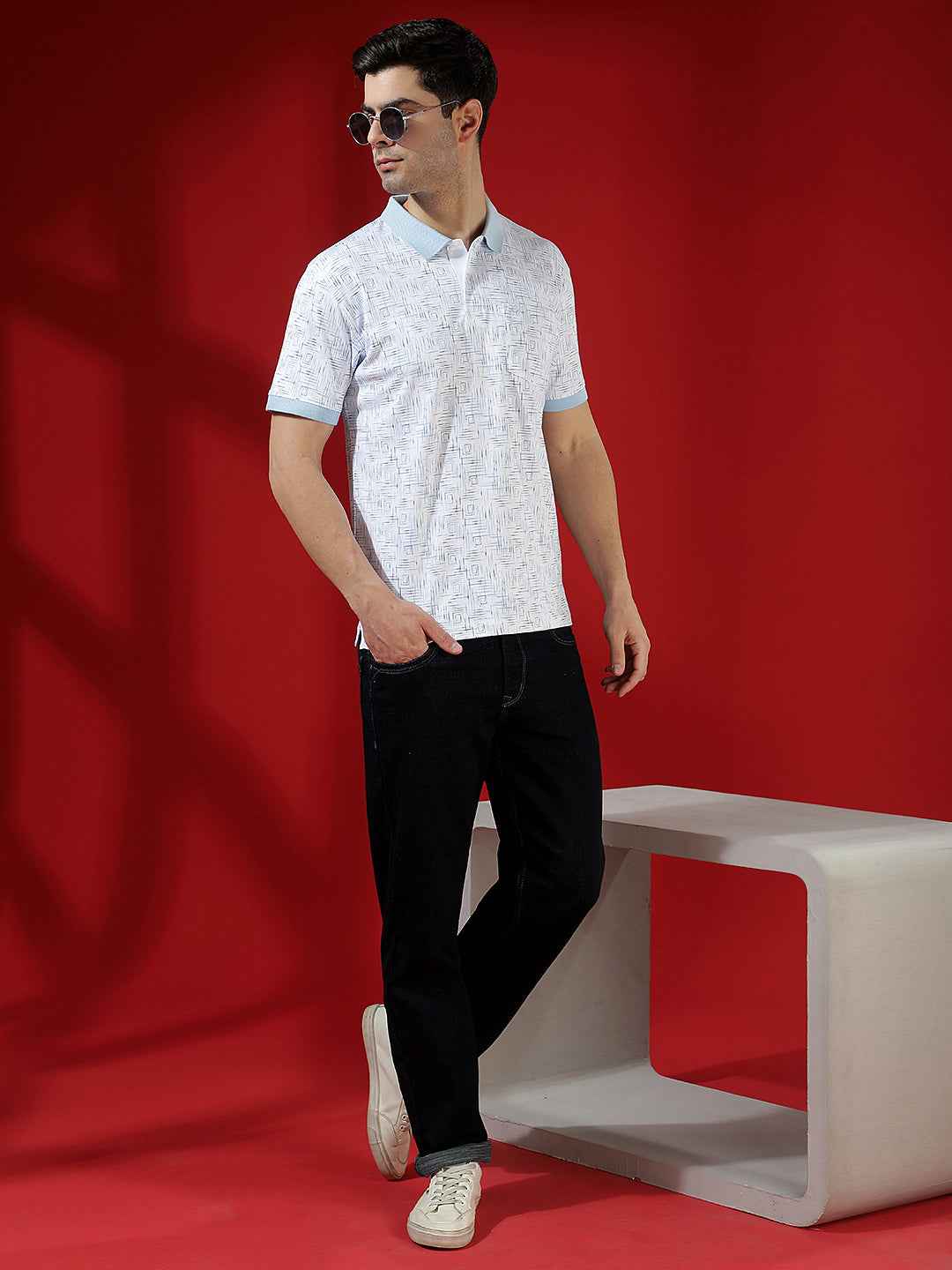 Blue Printed Polo Neck 100% Cotton T-Shirt