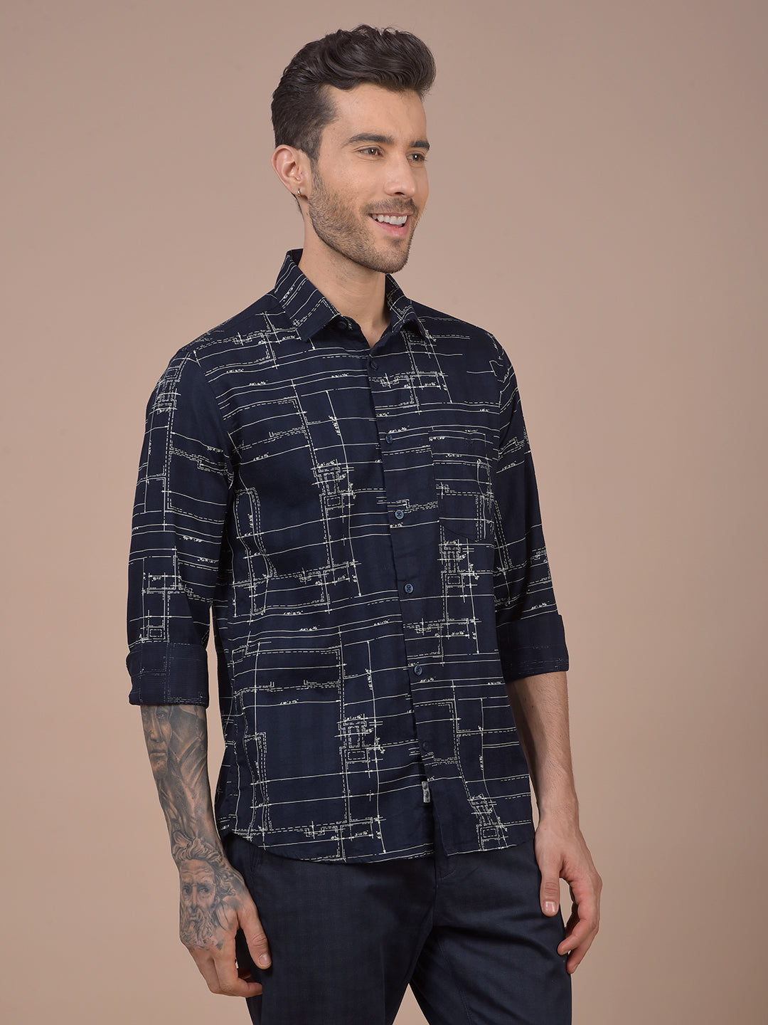 Navy Blue Printed 100% Cotton Shirt