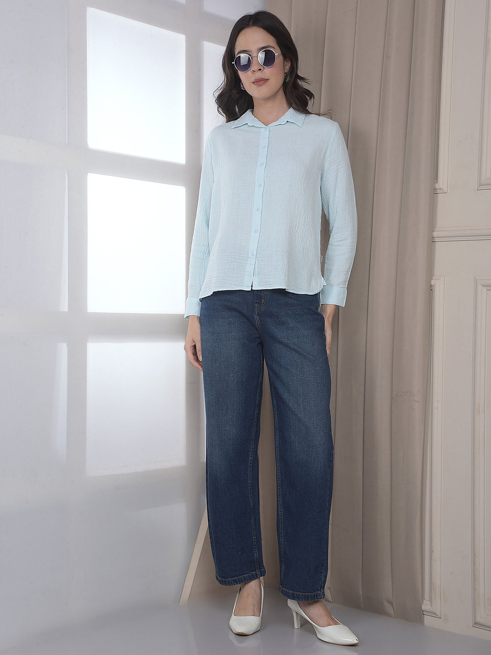 Blue Textured 100% Cotton Shirt