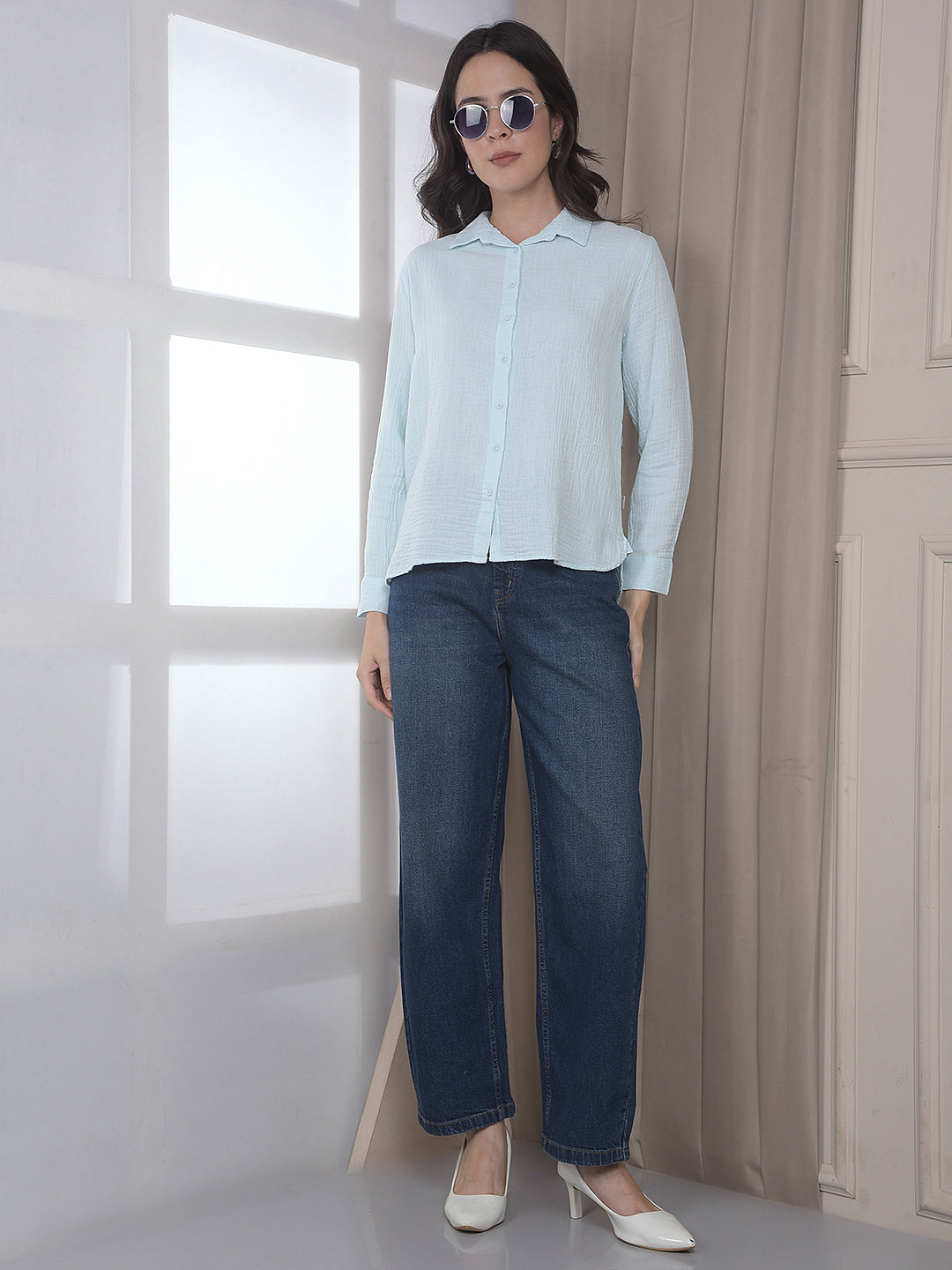 Blue Textured 100% Cotton Shirt