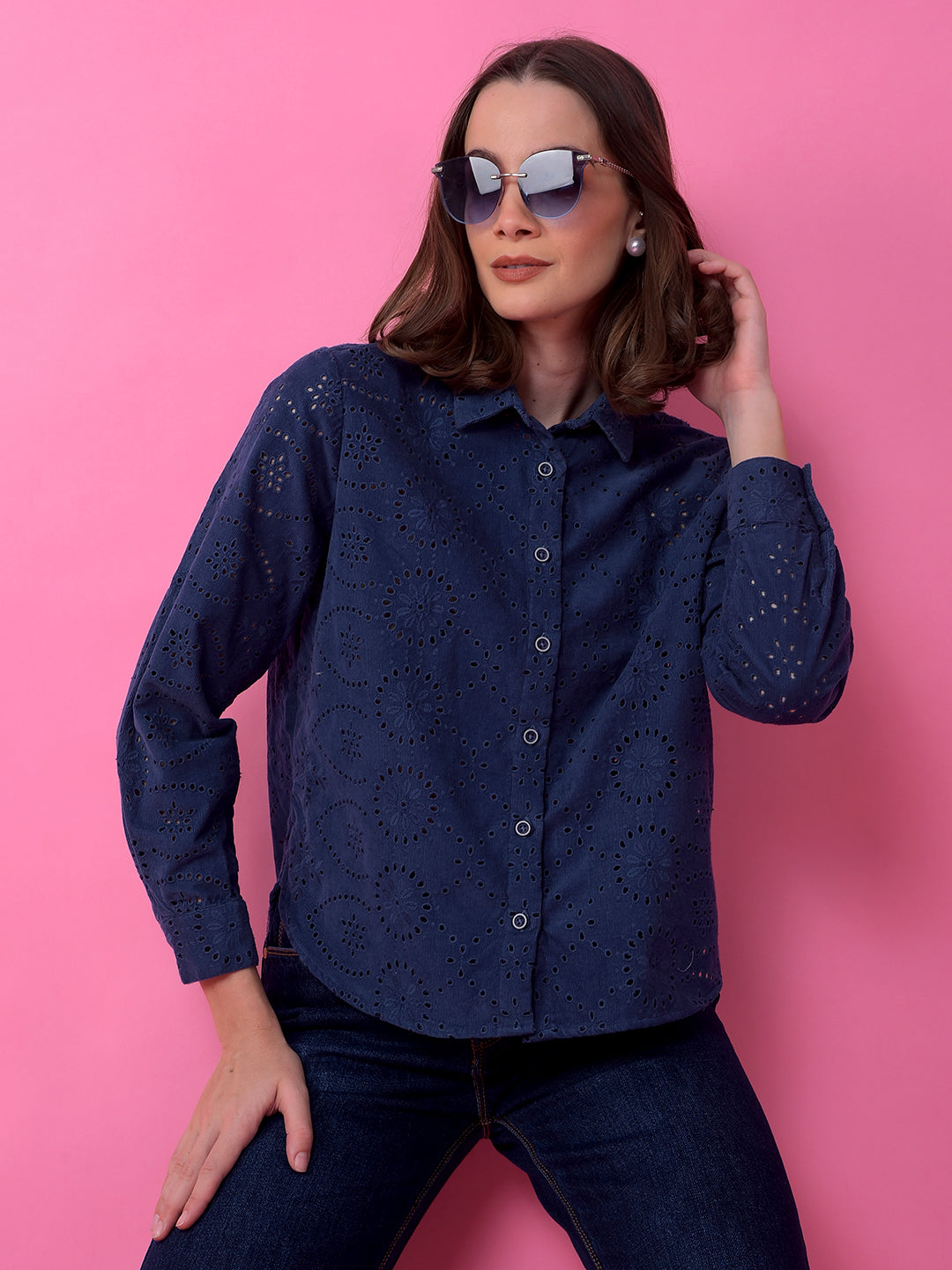 Navy Blue Embroidered 100% Cotton Semi-Sheer Shirt