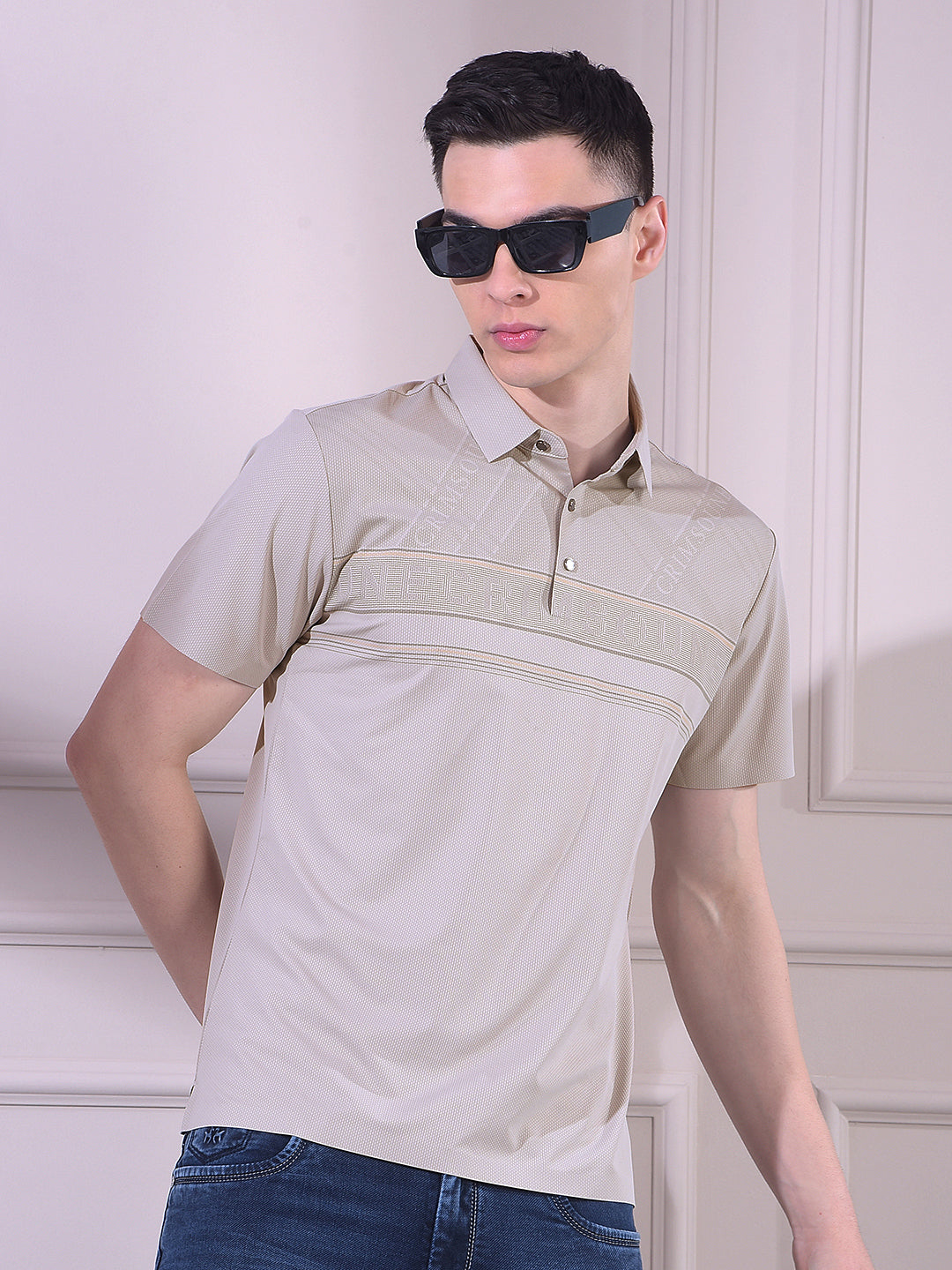 Grey Typographic Print Polo Neck T-Shirt