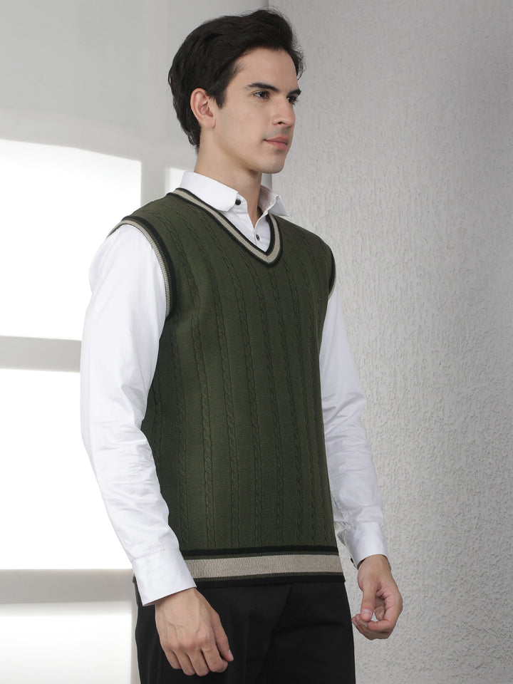 Olive Jacquard V-Neck Sleeveless Sweater