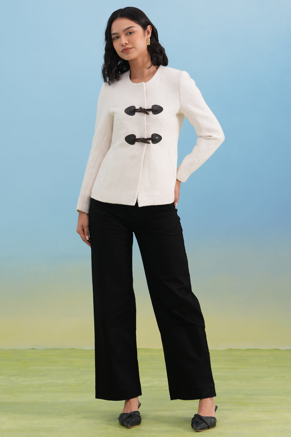 White Textured Toggle Detail Coat