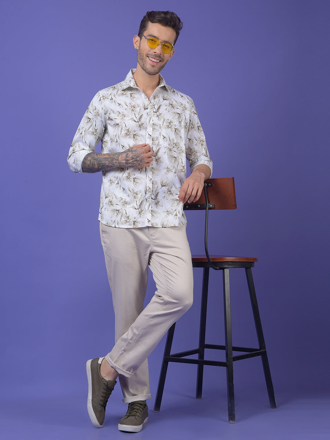 Brown Floral Print 100% Cotton Shirt