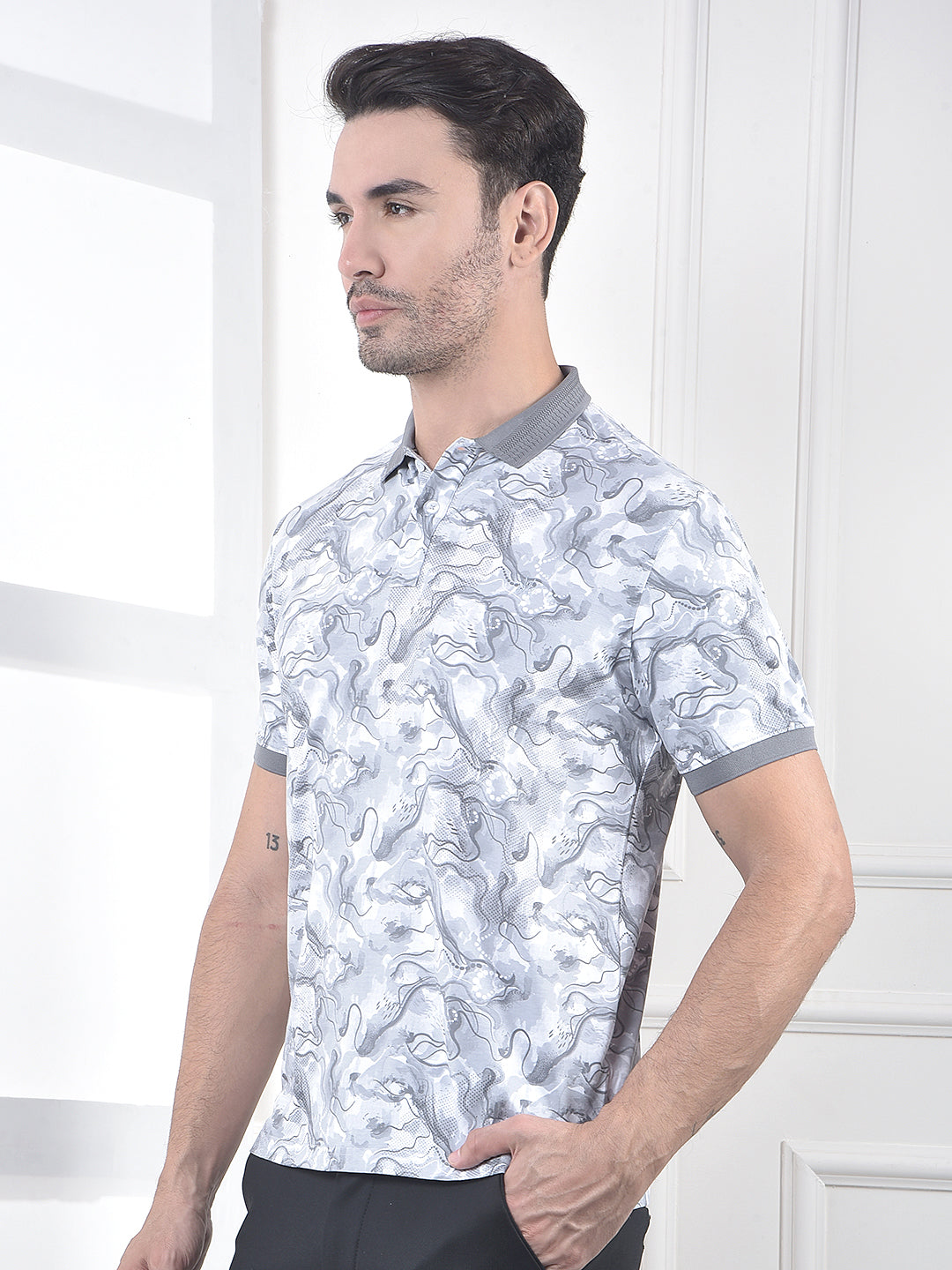 Grey Abstract Print Polo Neck T-Shirt