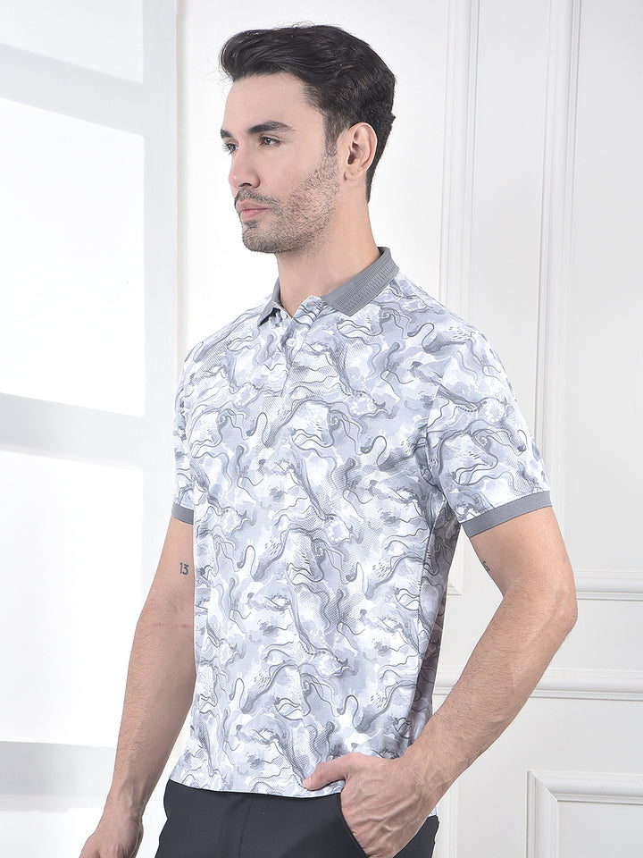 Grey Abstract Print Polo Neck T-Shirt