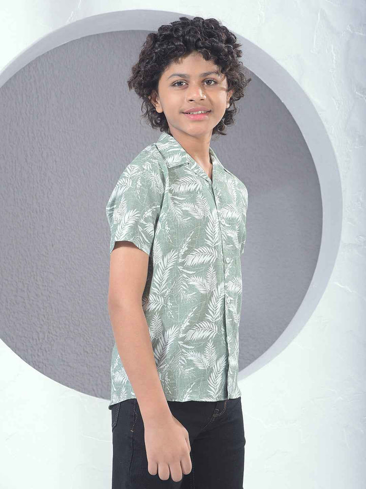 Green Floral Print Resort-Collar Shirt