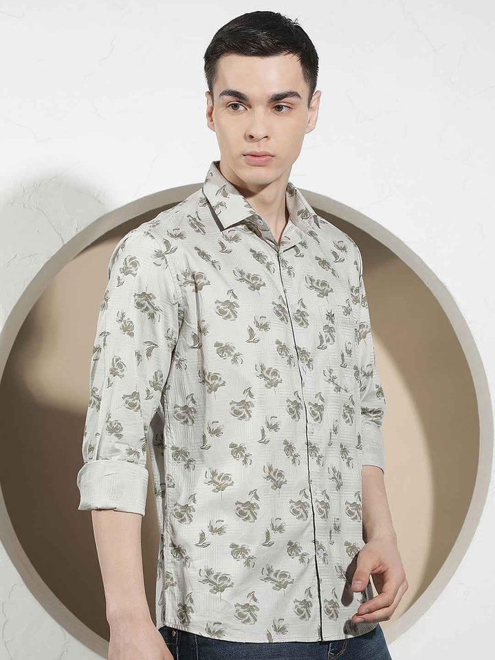 Grey Floral Print 100% Cotton Shirt