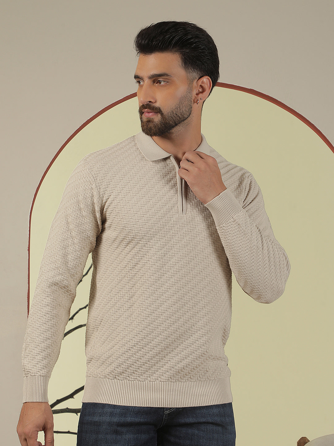 Beige 100% Cotton Knitted Polo Neck Sweater