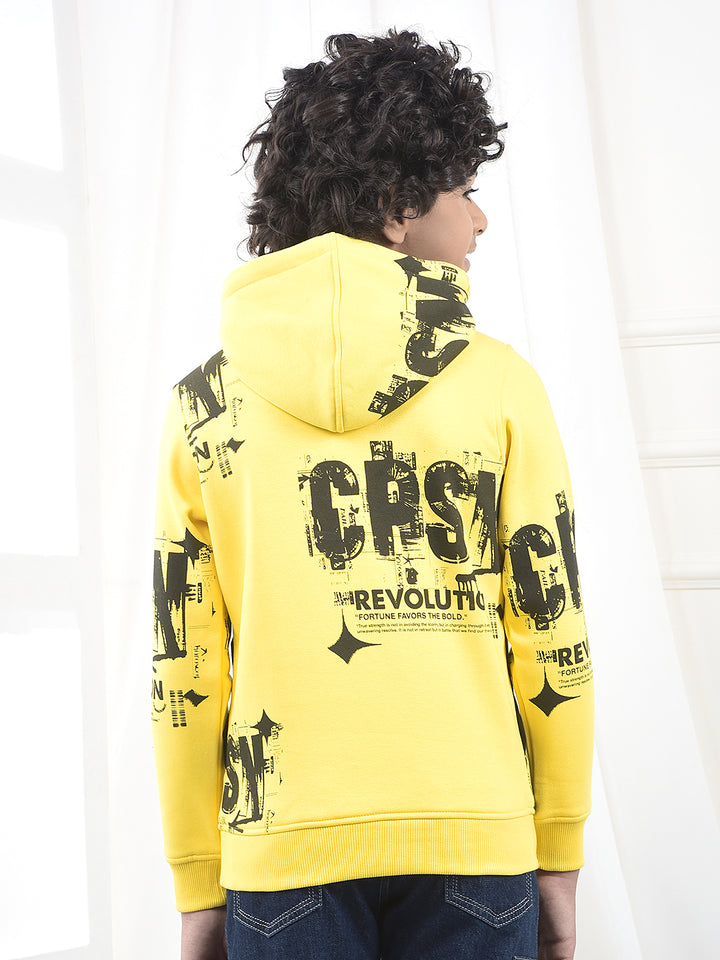 Yellow Typographic Print Hooded Neck Sweatshirt