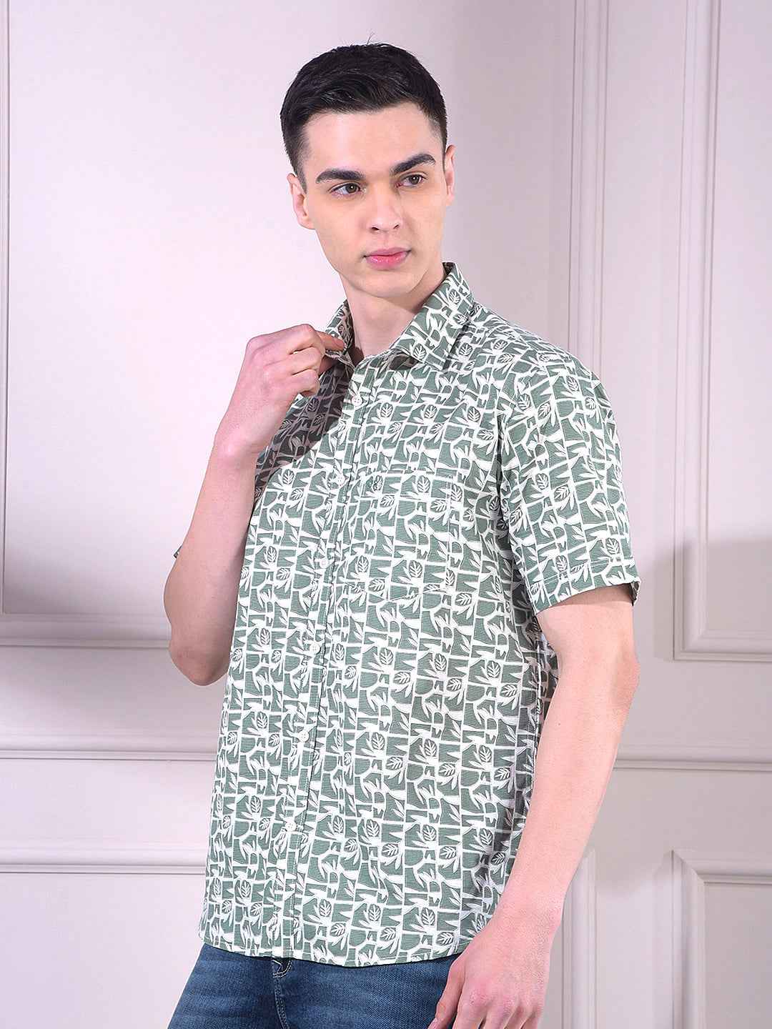 Green Linen Floral Print Shirt