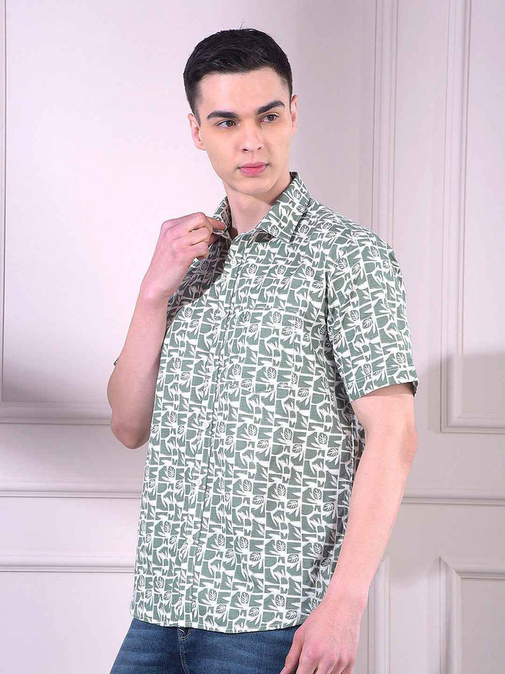 Green Linen Floral Print Shirt