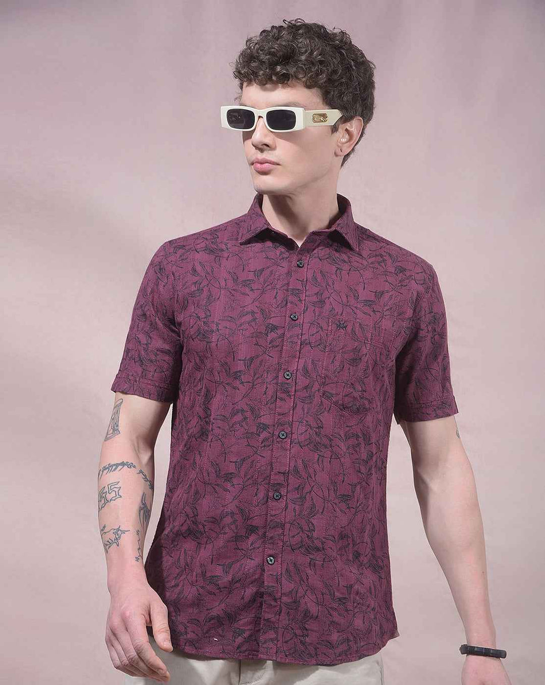 Deep Wine Botanical Pattern Shirt