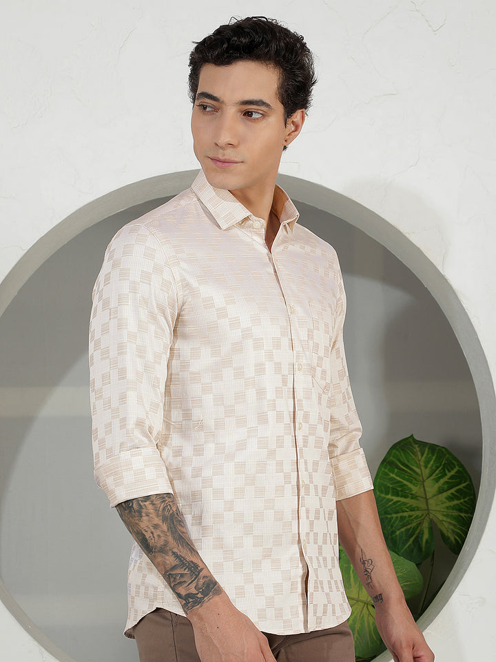 Beige Checked 100% Cotton Shirt