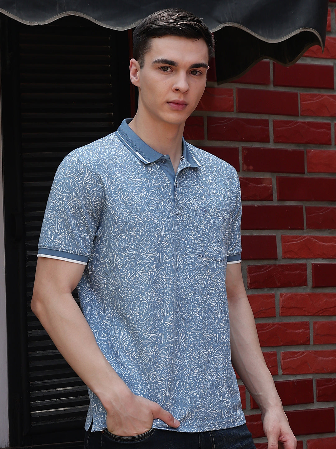 Blue Printed Polo Neck T-Shirt