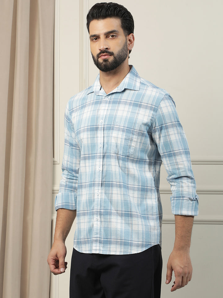 Pastel Blue 100% Cotton Checked Shirt