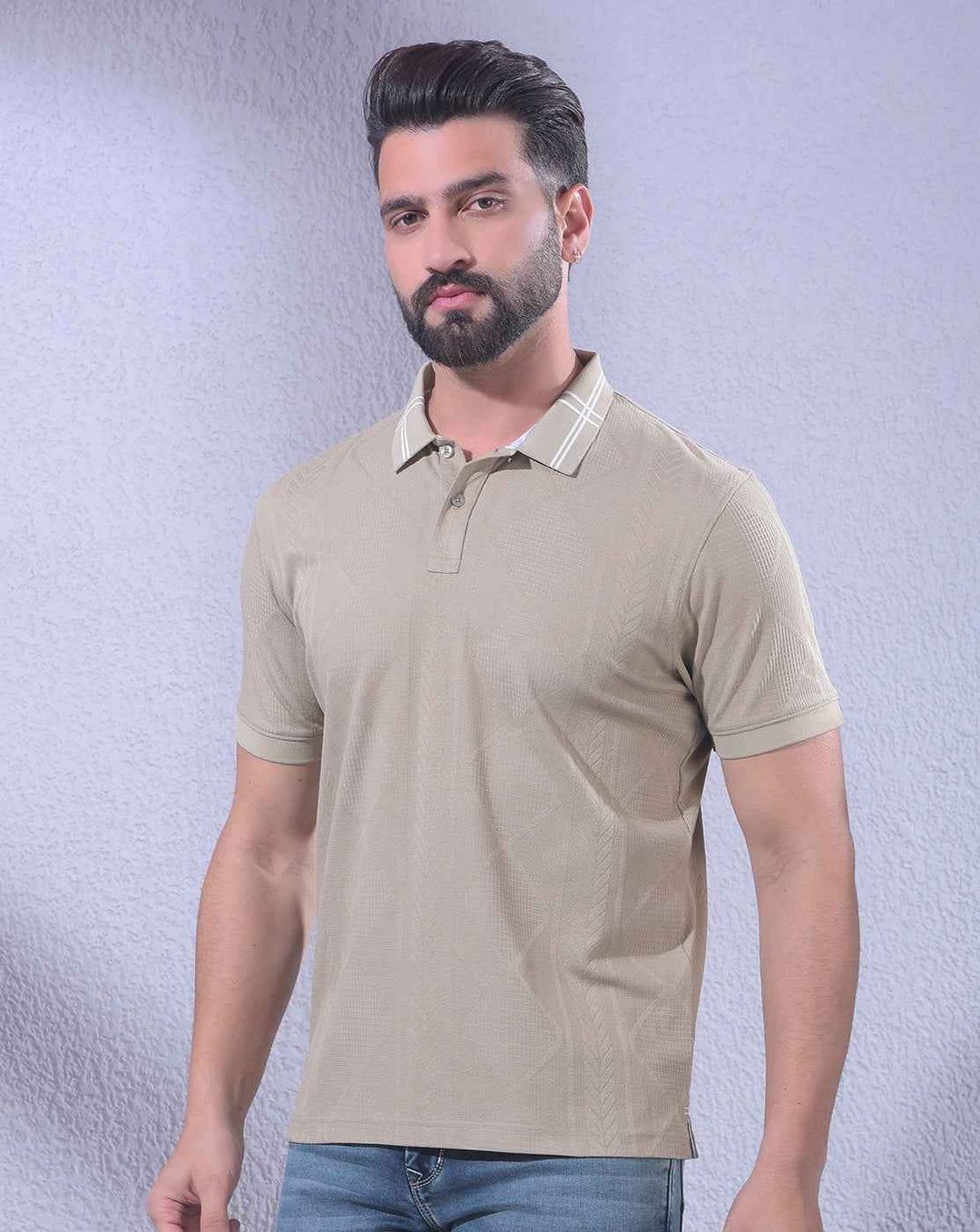 Beige Jacquard Polo Neck T-Shirt