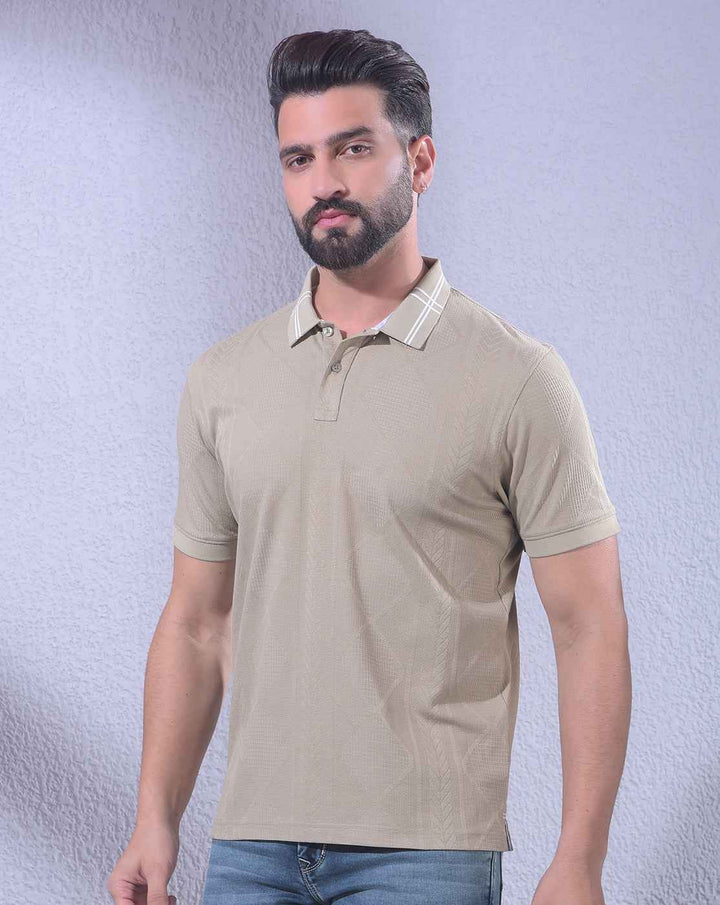 Beige Jacquard Polo Neck T-Shirt