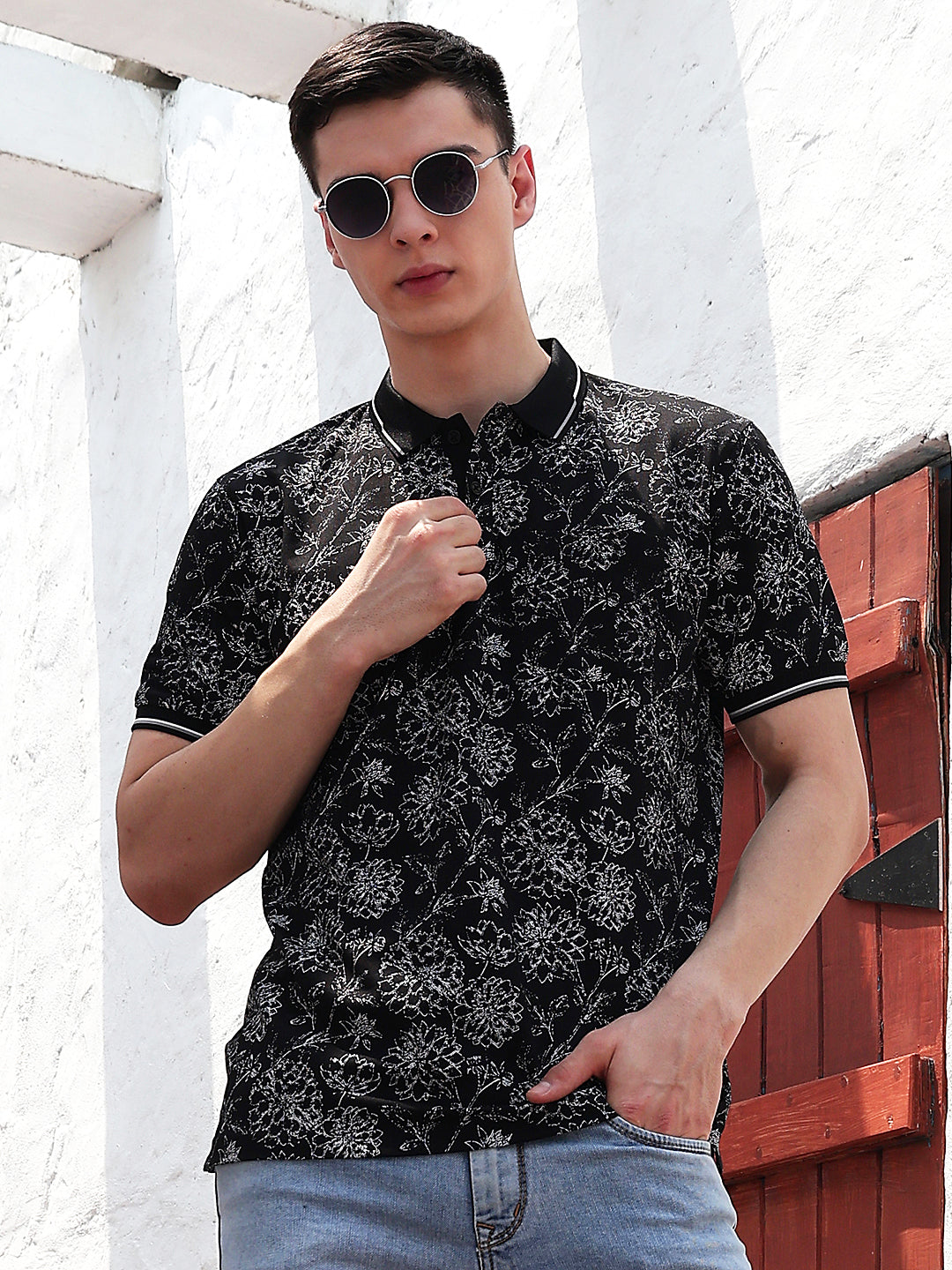 Black Floral Print Polo Neck T-Shirt