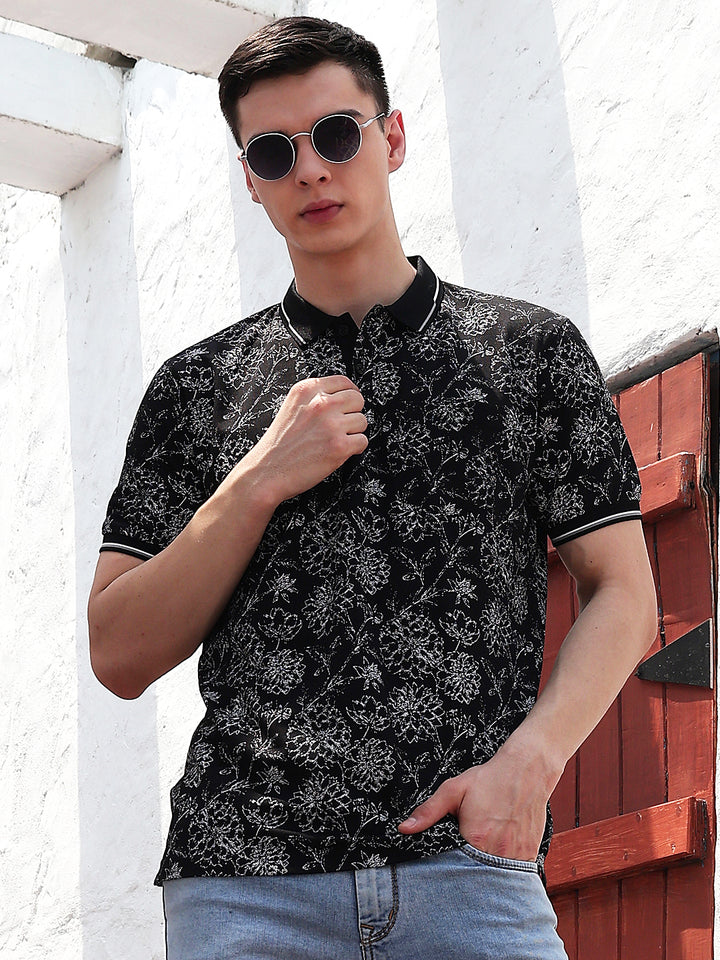 Black Floral Print Polo Neck T-Shirt