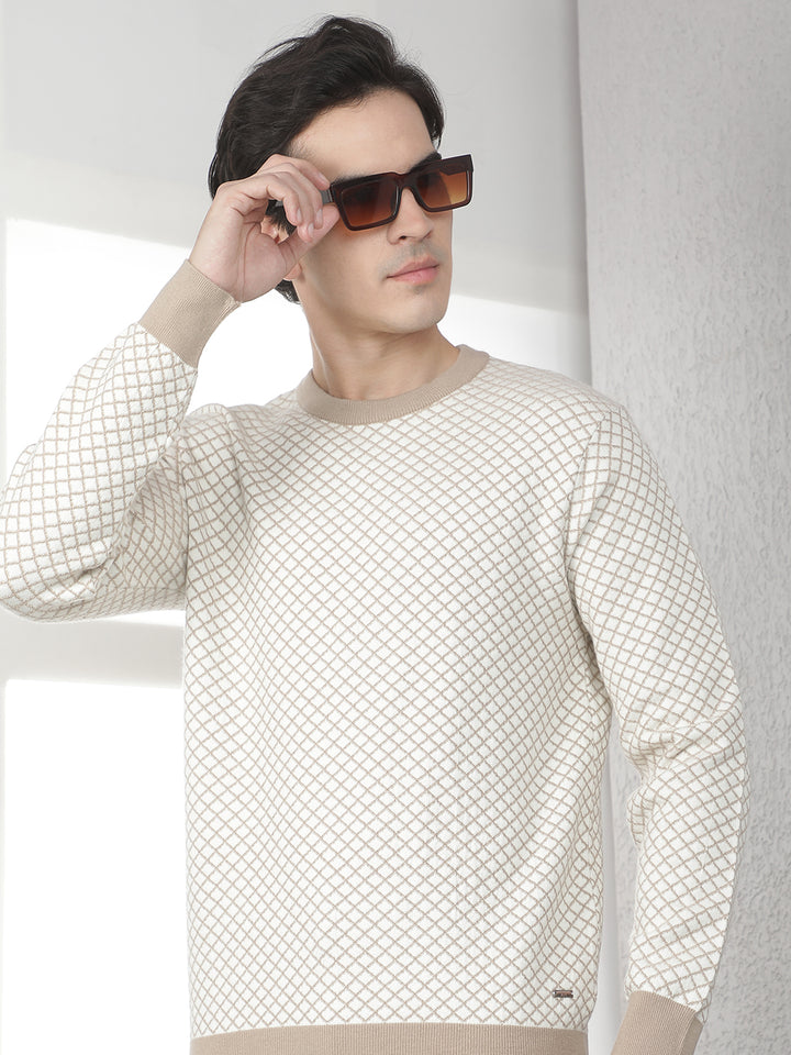 Beige Geometric Print Round Neck Sweater
