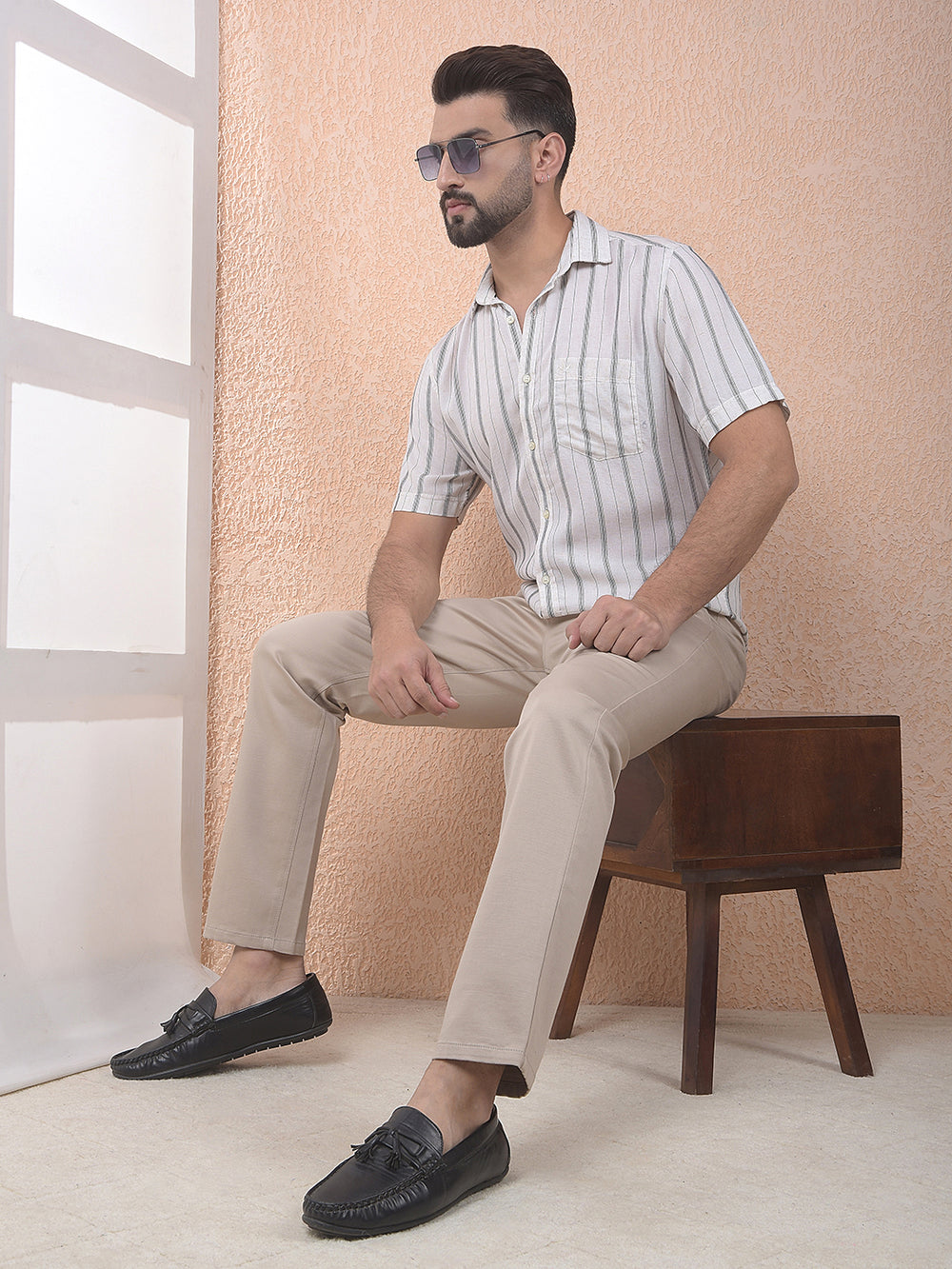 Beige Vertical Striped Linen Shirt