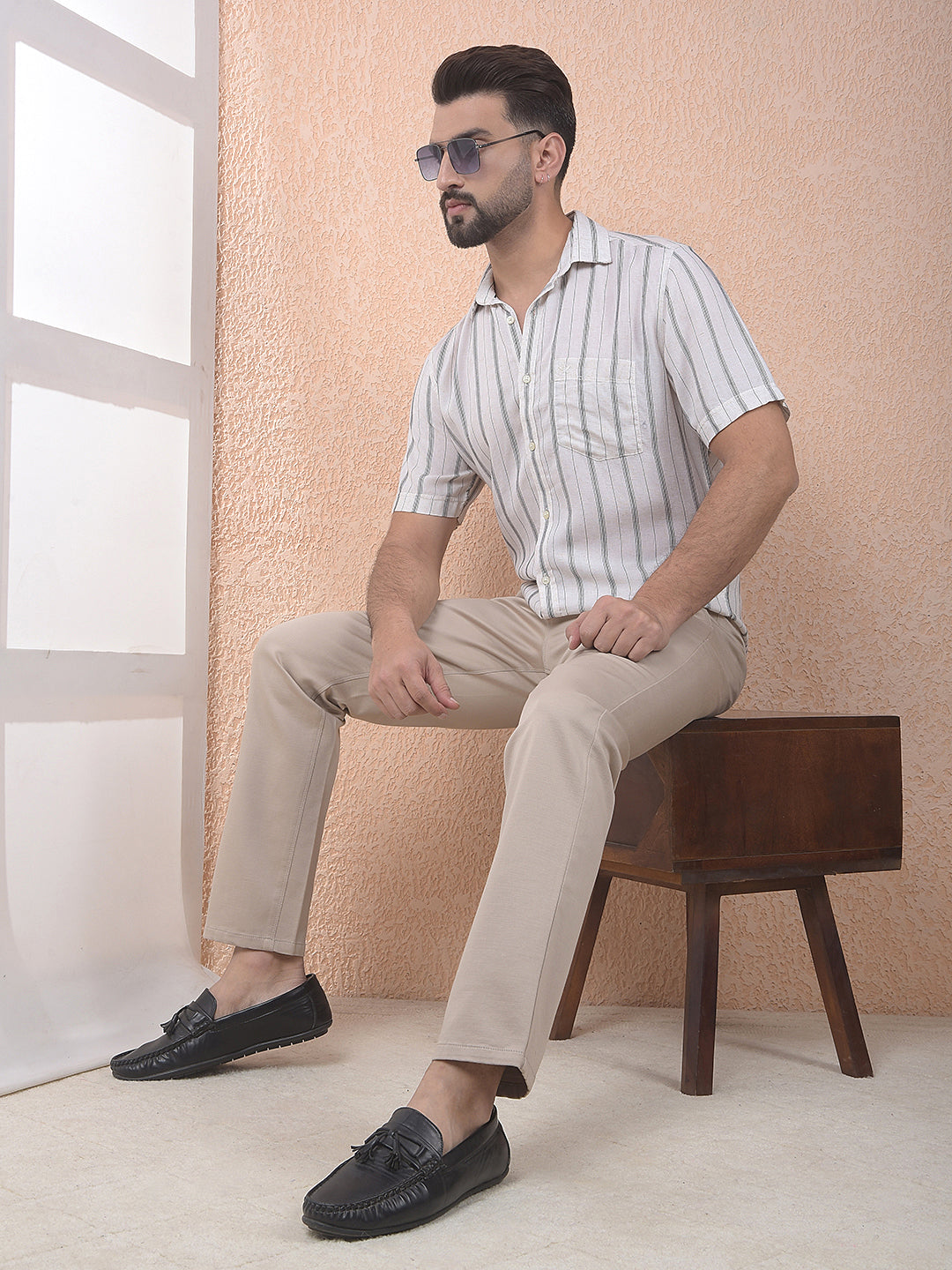 Beige Vertical Striped Linen Shirt