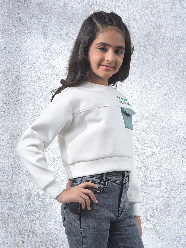 Off White Typographic Print Cropped Knitted-Sweatshirt