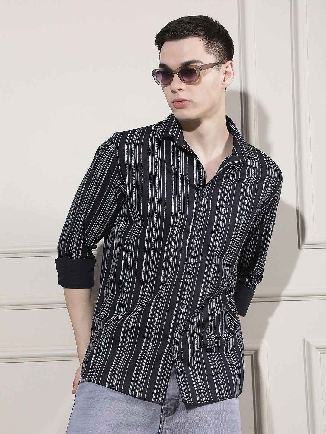 Navy Blue Vertical Striped Shirt