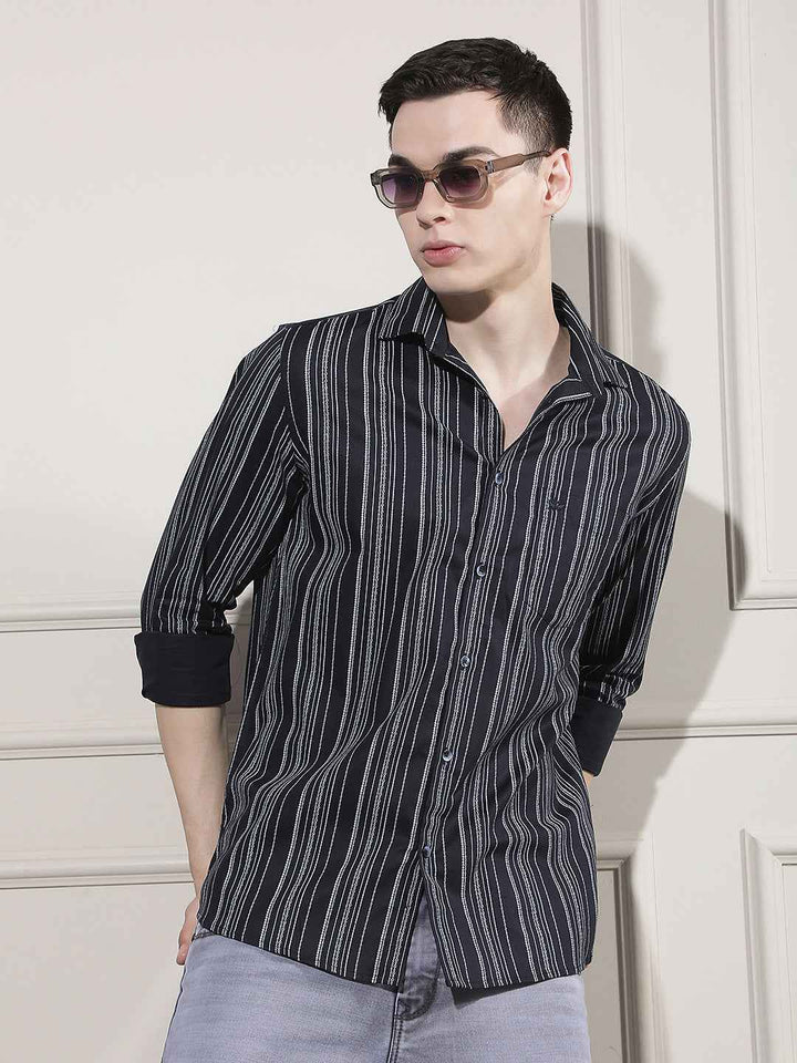 Navy Blue Vertical Striped Shirt