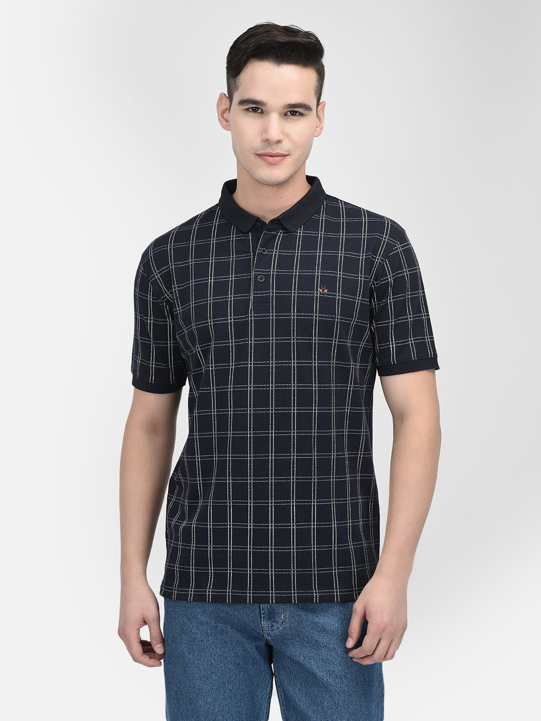 Navy Blue Checked Polo Neck T-Shirt