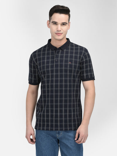 Navy Blue Checked Polo Neck T-Shirt