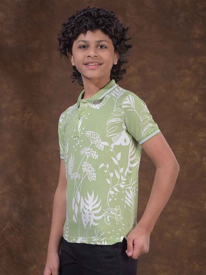 Green Floral Print Polo Neck T-Shirt