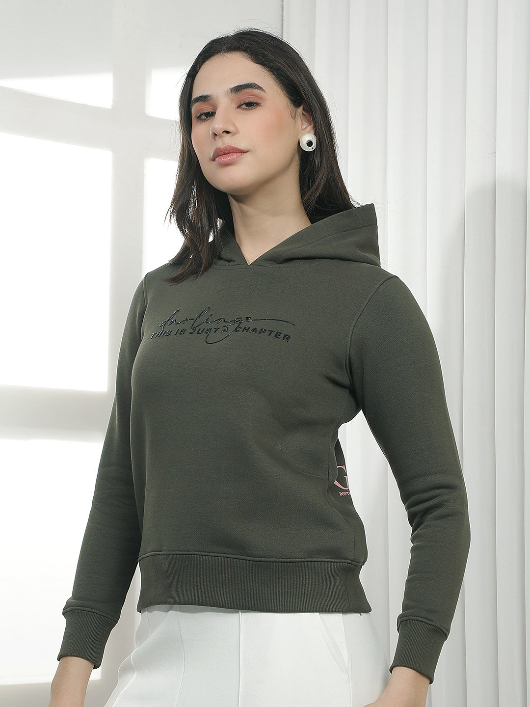 Olive Typographic Print Hooded Neck Sweatshirt
